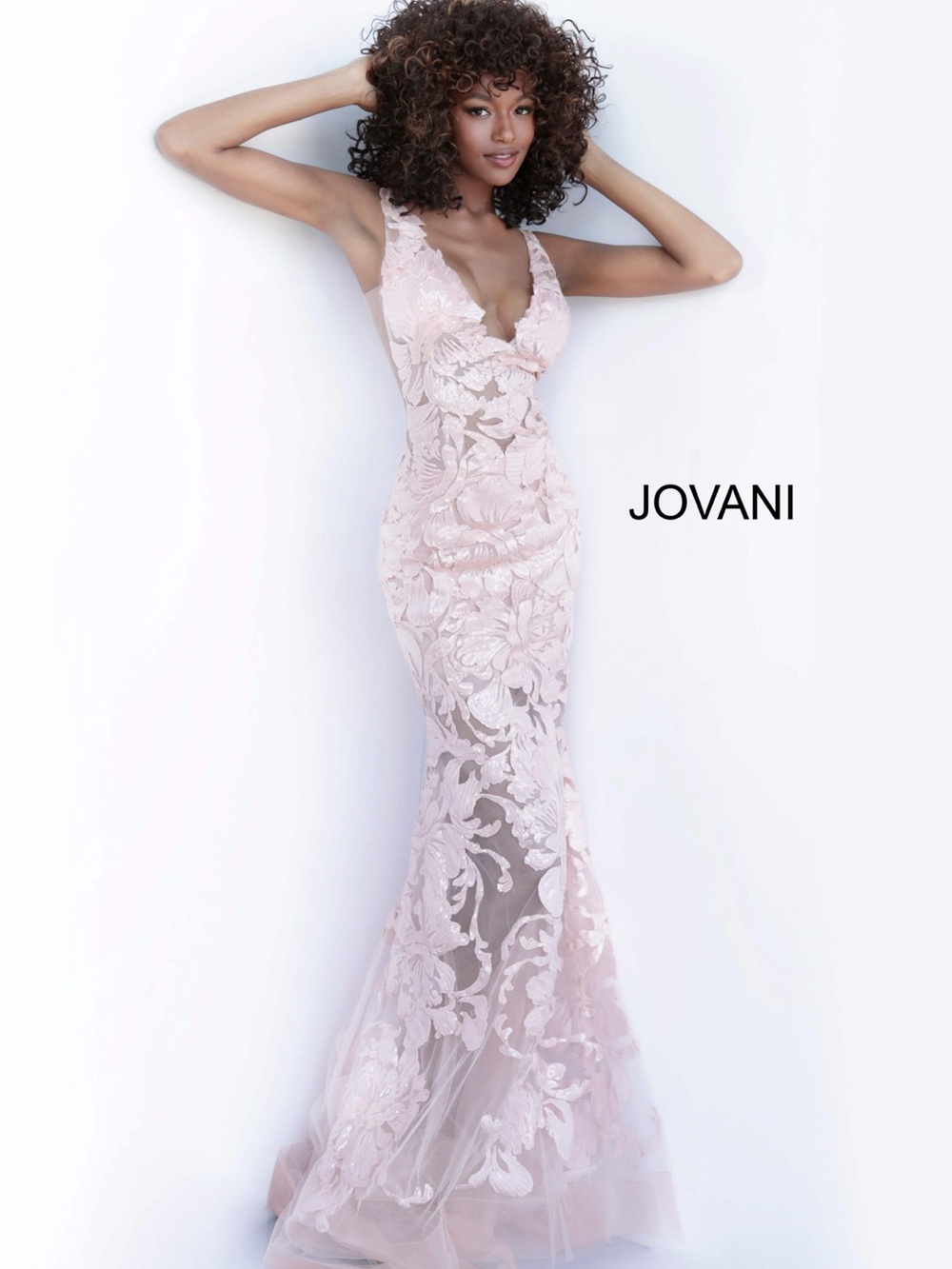 Jovani 60283 Rose Gold Floral Lace Mermaid Dress